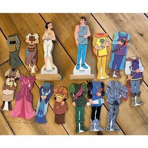Vintage Disney Princess Snow White & Prince Wooden Peg Doll w/ dress up outfits.